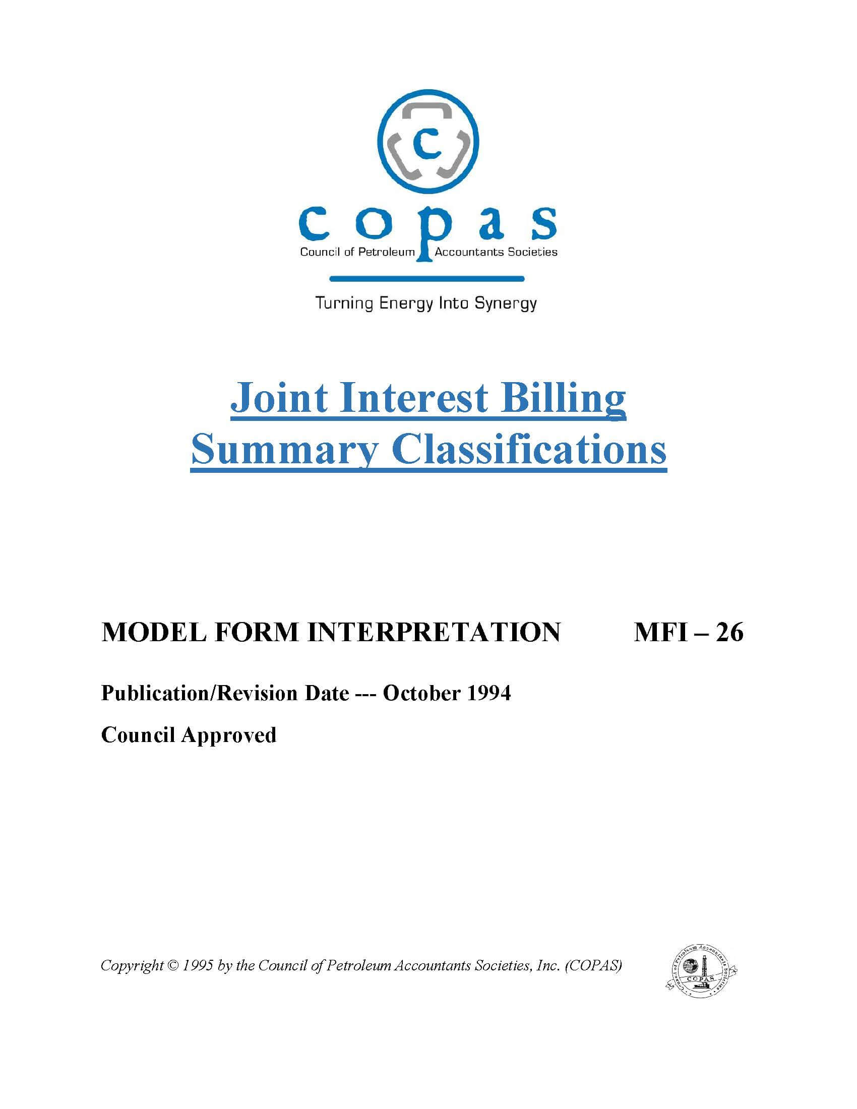 MFI-26 Joint Interest Billing Summary Classifications