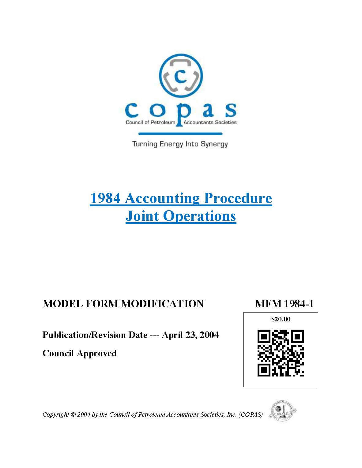 MFM-1984-1 1984 Accounting Procedure Joint Operations Model Form Modification