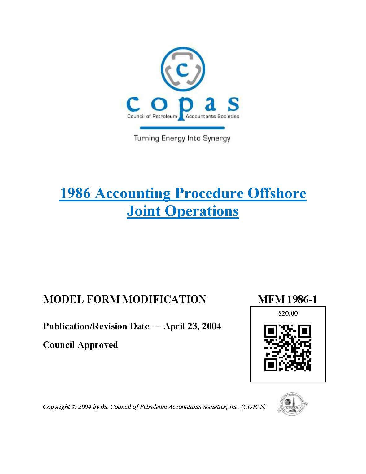 MFM-1986-1 1986 Accounting Procedure Offshore Joint Operations Model Form Modification - products MFM 1986 1 - Council of Petroleum Accountants Societies