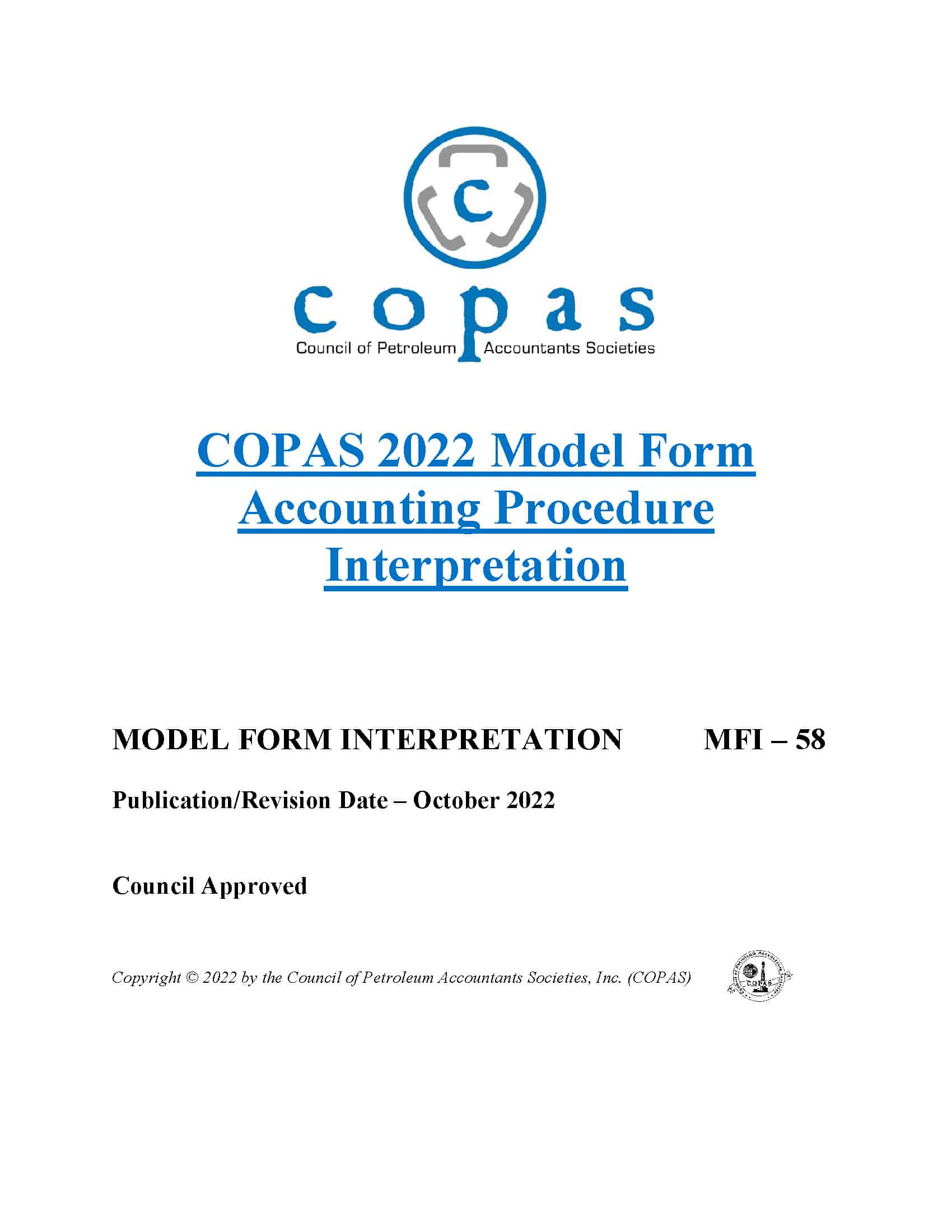 MFI-58 2022 Model Form Accounting Procedure Interpretation - MFI 58 Cover - Council of Petroleum Accountants Societies