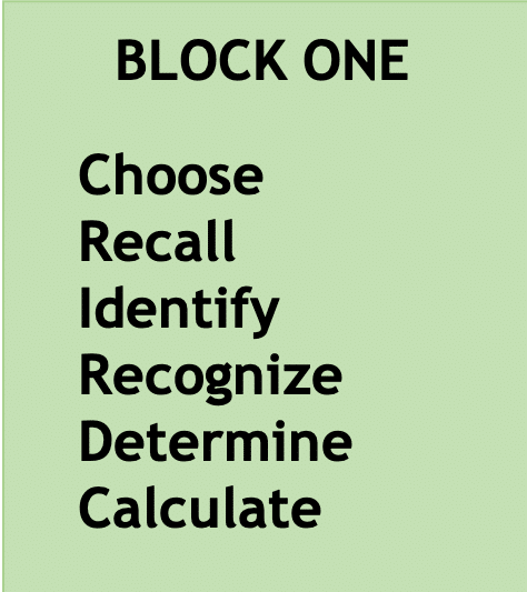 Text Box: Choose
Recall
Identify
Recognize
Determine
Calculate

